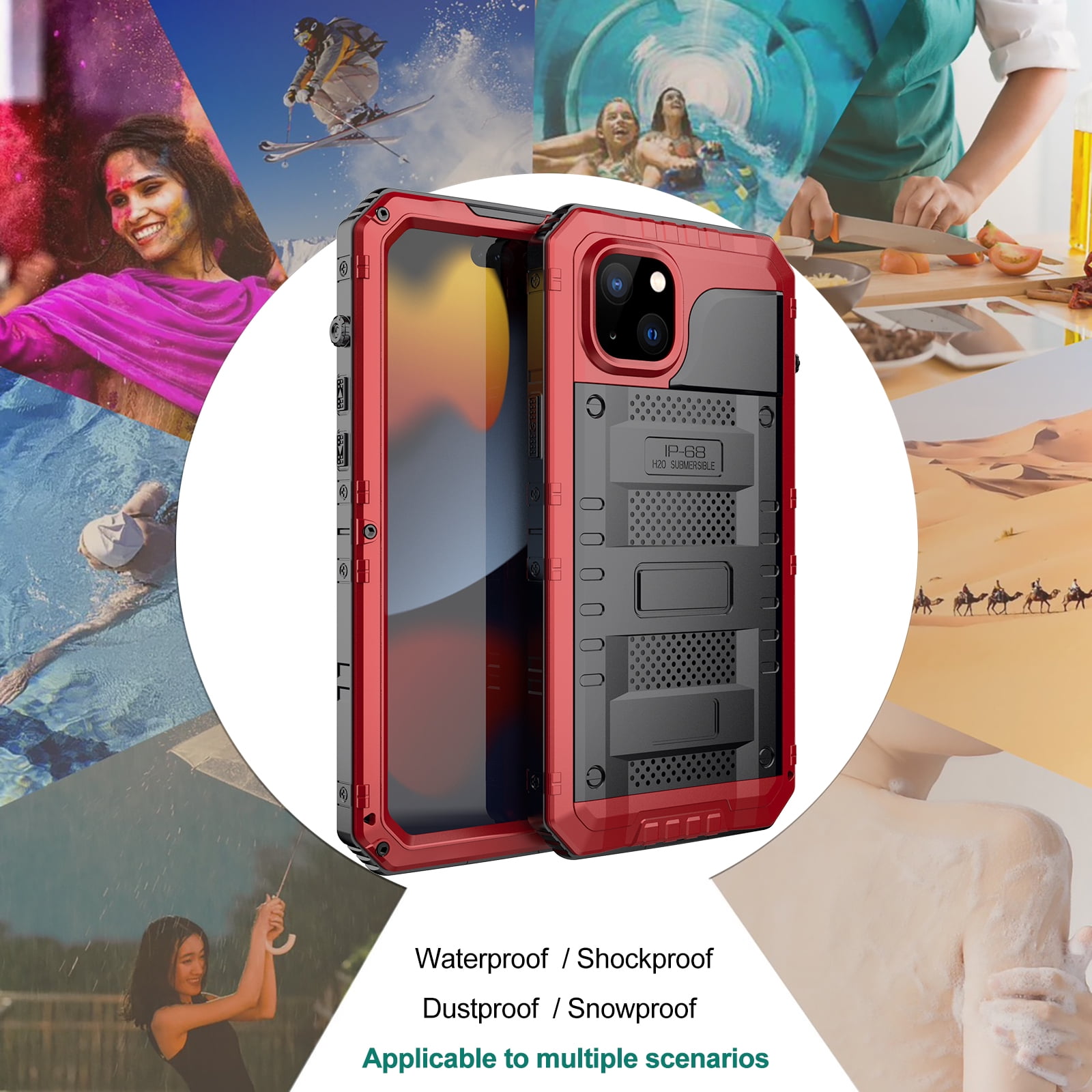 for iPhone 13 Case, Military Grade IP68 Waterproof Dustproof Shockproof Full Body Sealed Underwater Case with Built-in Screen Protector Heavy Duty Metal Rugged Defender Phone Case,Red