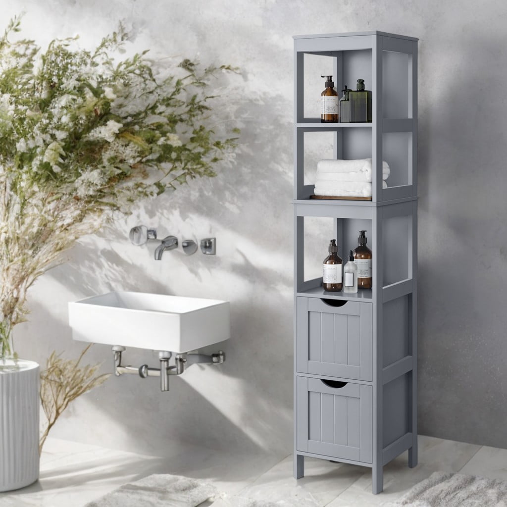 LEDREM Corner Cabinet with 2 Drawers & 3 Shelves, Freestanding Storage Organizer 55.7" Tall, Space-Saving Design, Dove Grey