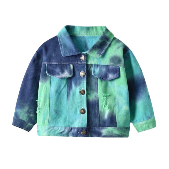 Shadoumai Girls Tie Dye Denim Jacket Windproof Kids Outerwear Toddler Warm Coat Casual Stylish Gradient Print Back To School Fashion