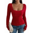thumbnail image 2 of Womens Long Sleeve Shirts Square Neck Ribbed Knit Crop Tops Fall Outfits Fashion Clothes Red L, 2 of 9