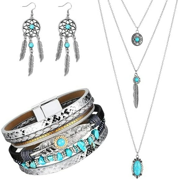 3 Pcs Western Turquoise Jewelry Set, Hypoallergenic Alloy Dangle Earrings Necklace Adjustable Bracelet, Boho Chic Gift for Her for Party Wedding