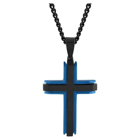 Brilliance Fine Jewelry Men's Black and Blue Stainless Steel Cross Pendant Necklace