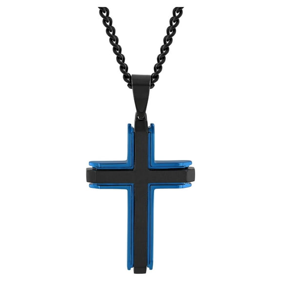 Brilliance Fine Jewelry Men's Black and Blue Stainless Steel Cross Pendant Necklace