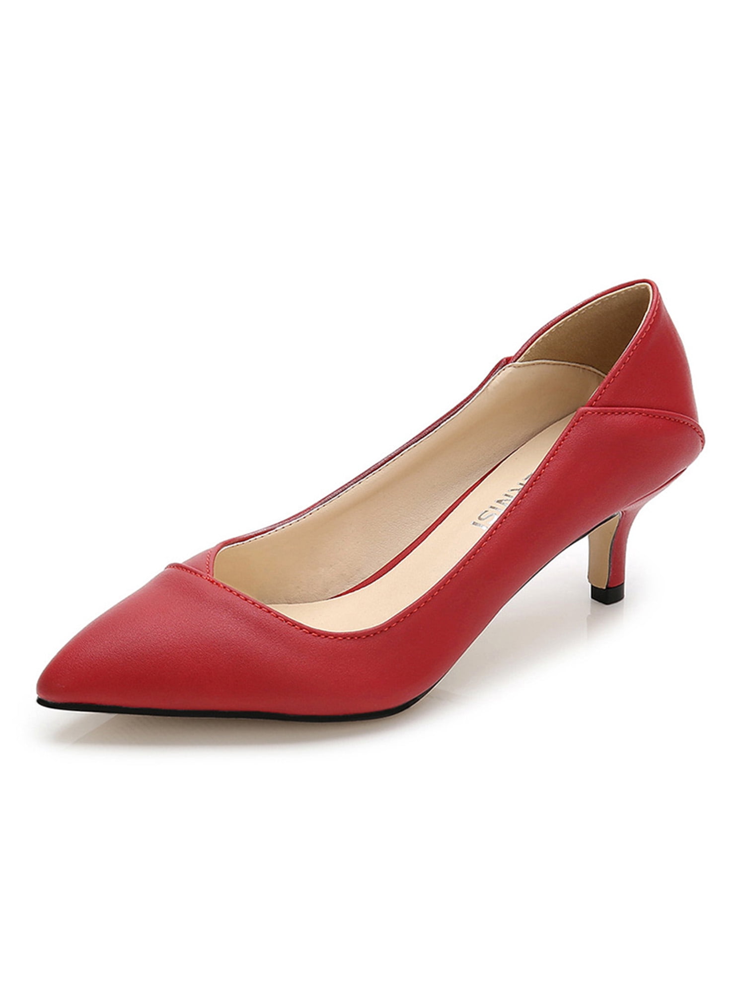 red mid heel court shoes