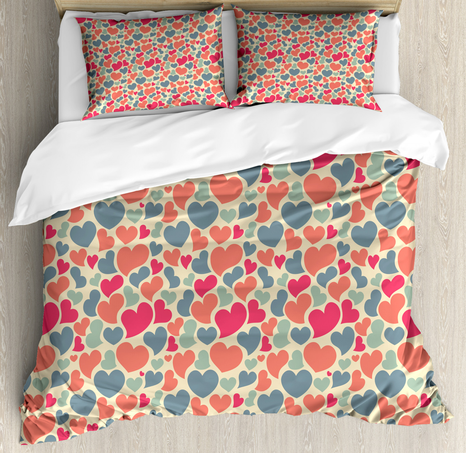 Love Duvet Cover Set Queen Size, Rhythmic Colorful Abstract Hearts