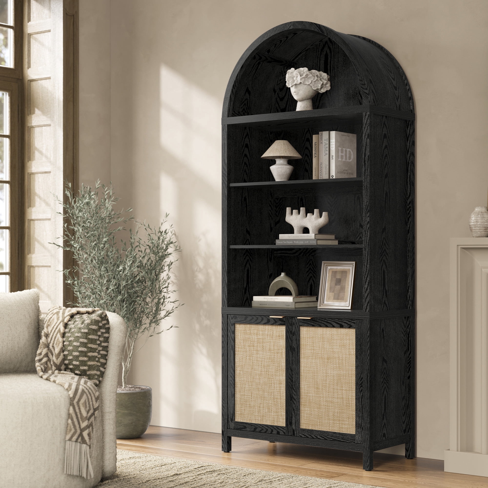 SICOTAS 84.2"H Tall Rattan Arched Pantry Cabinet with Adjustable Shelves, Oversized Boho Farmhouse Floor Storage Organizer for Kitchen, Dining Room & Home Decor,Black Oak