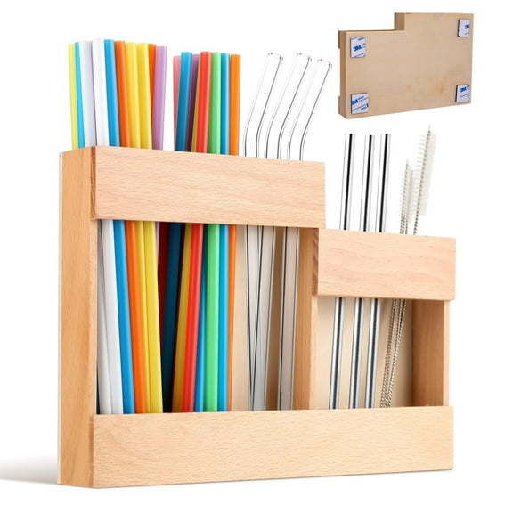 Reusable Wooden Straw Dispenser Organizer with 2-Sided Adhesive - Cabinet & Countertop Storage for Metal/Glass Straws, Compatible with Long & Short Straws