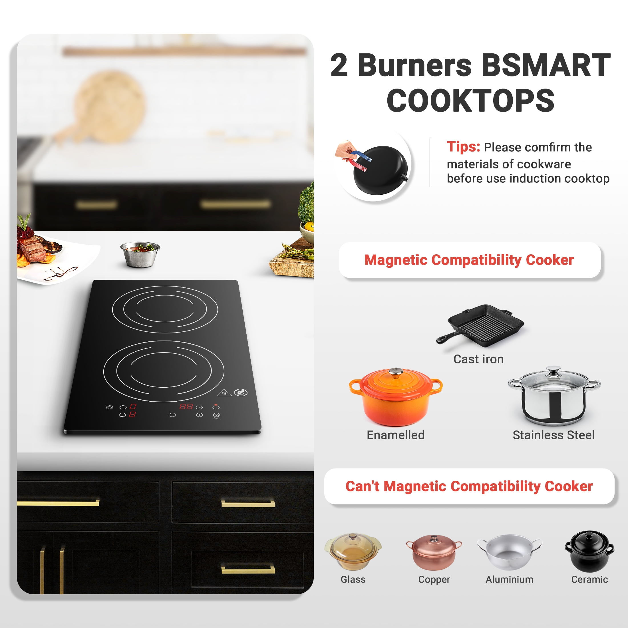 Sunmaki Electric Induction Cooktop 2 Burners, 12" Induction Stove for Fast Cooking, 1800W Electric Stove, Bulit-in&Countertop with Plug, 1800W 120V