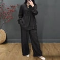 thumbnail image 3 of 2 Pcs/Set Women Top Pants Suit Round Neck Half Single-breasted Long Sleeves Loose Blouse Wide Leg Pure Color Trousers Casual Pantsuit Sport Clothes, 3 of 8