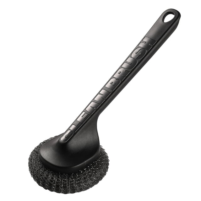Cepillo para ollas con cabezal de bola de acero, agarre antideslizante, orificio para colgar, mango largo, fregador de platos, herramienta de limpieza de cocina