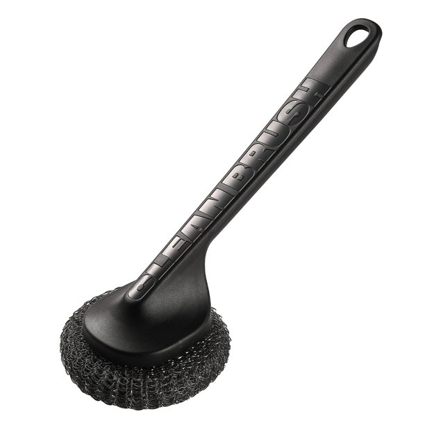 Cepillo para ollas con cabezal de bola de acero, agarre antideslizante, orificio para colgar, mango largo, fregador de platos, herramienta de limpieza de cocina