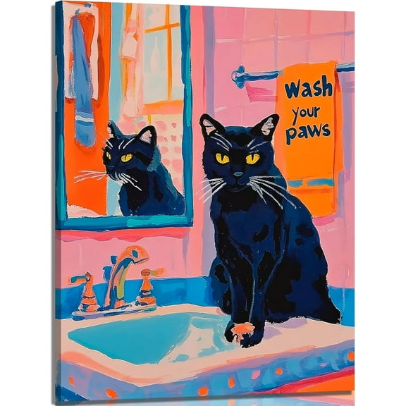 Funny Black Cat Canvas Wall Art Wash Your Little Paws Trendy Cat Painting Picture Wall Decor Colorful Cute Cat Poster Print Artwork for living room bedroom toilet bathroom Home Decoration