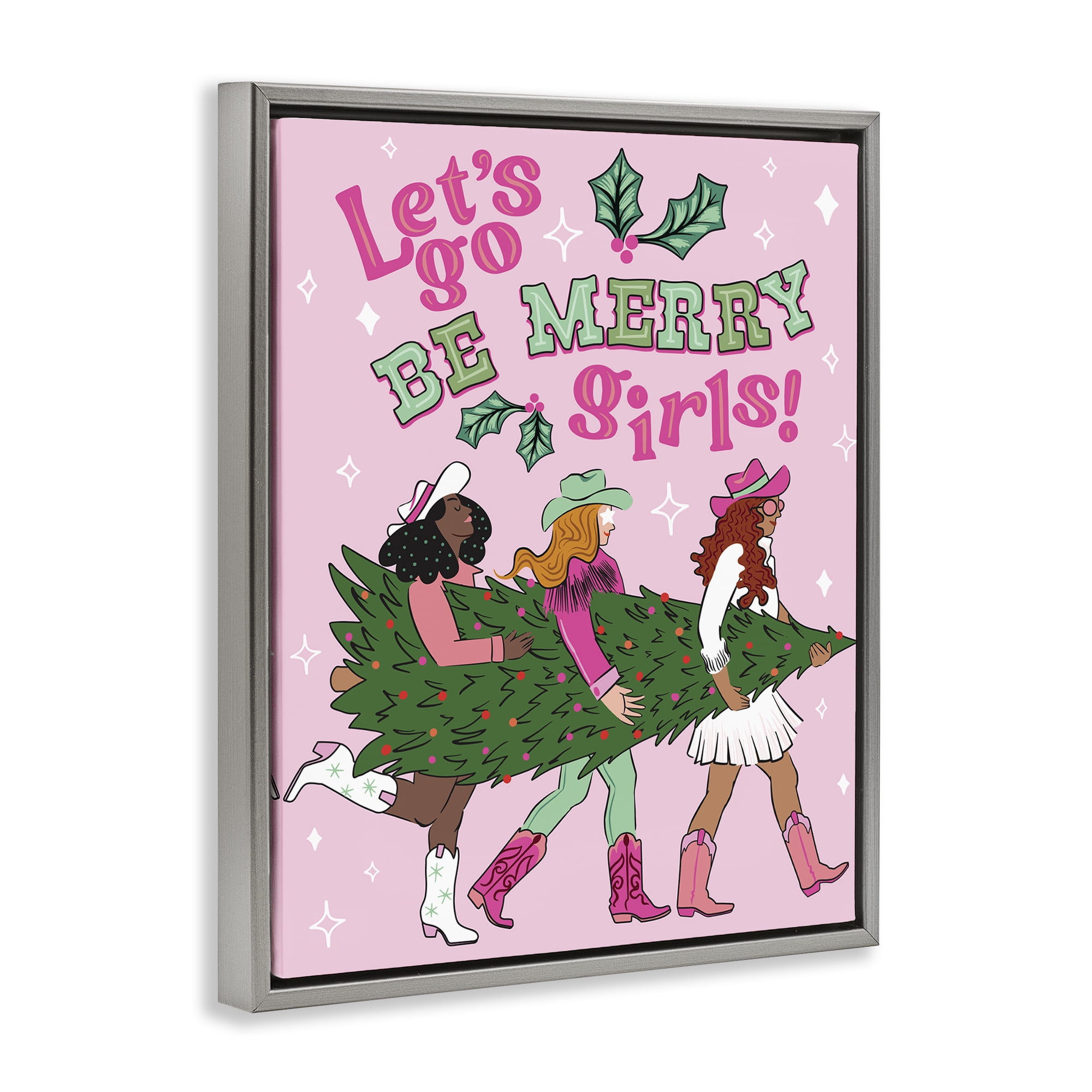 Stupell Industries Be Merry Christmas Cowgirls Holiday Painting Gray Floater Framed Canvas Art Prints Wall Art, 25 x 31