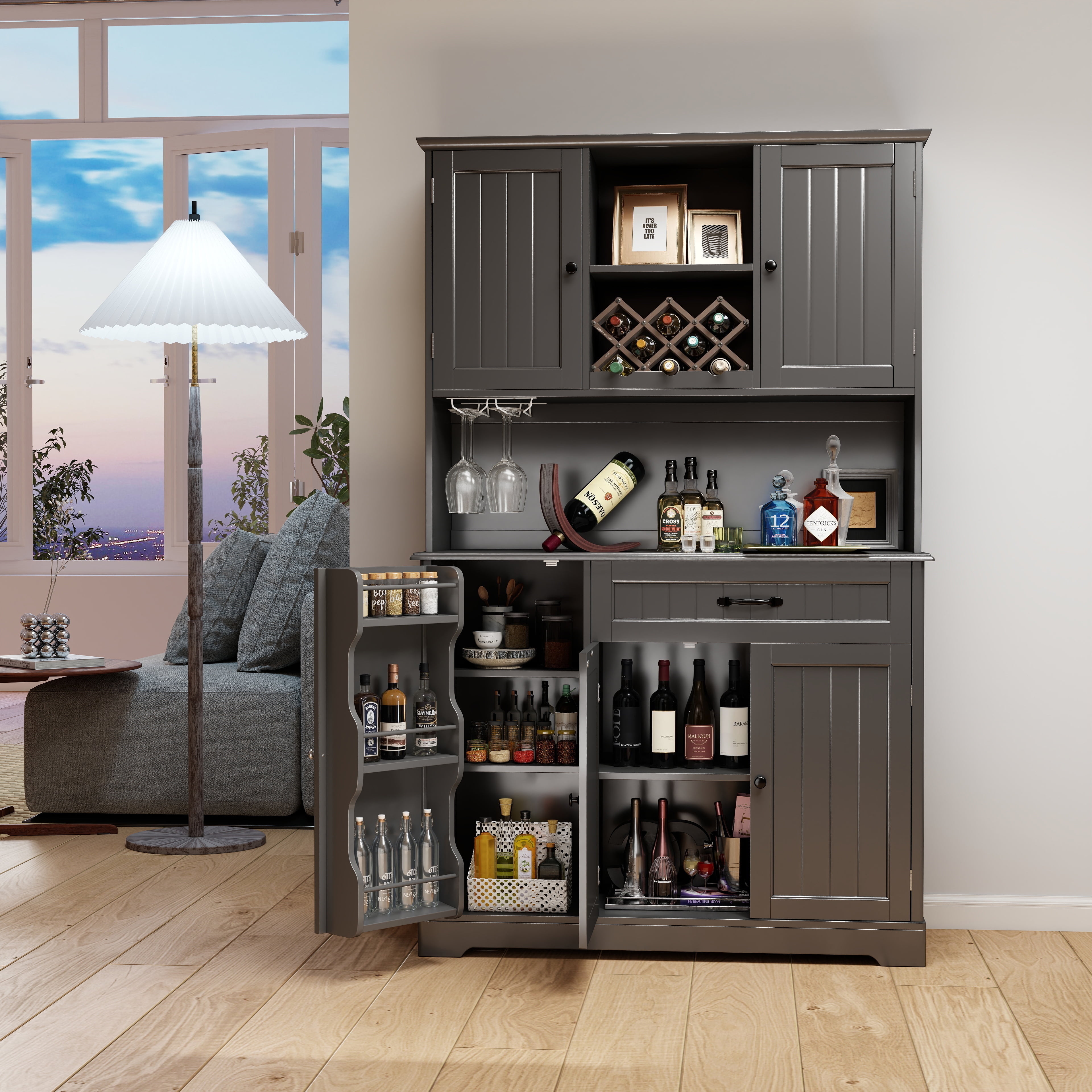 67" Kitchen Pantry Cabinet with Microwave Shelf, 5 Doors & 15 Adjustable Shelves, Large Storage Organizer, Also Perfect as Coffee Bar with Wine Glass Racks