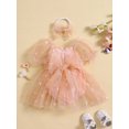 thumbnail image 3 of Suealasg Newborn Girls 2Pcs Outfit 6M 12M 18M 24M Baby Girl Summer Clothes Infant Girls Short Puff Sleeve Frill Trim Mesh Romper Dress + Headband Set, 3 of 9