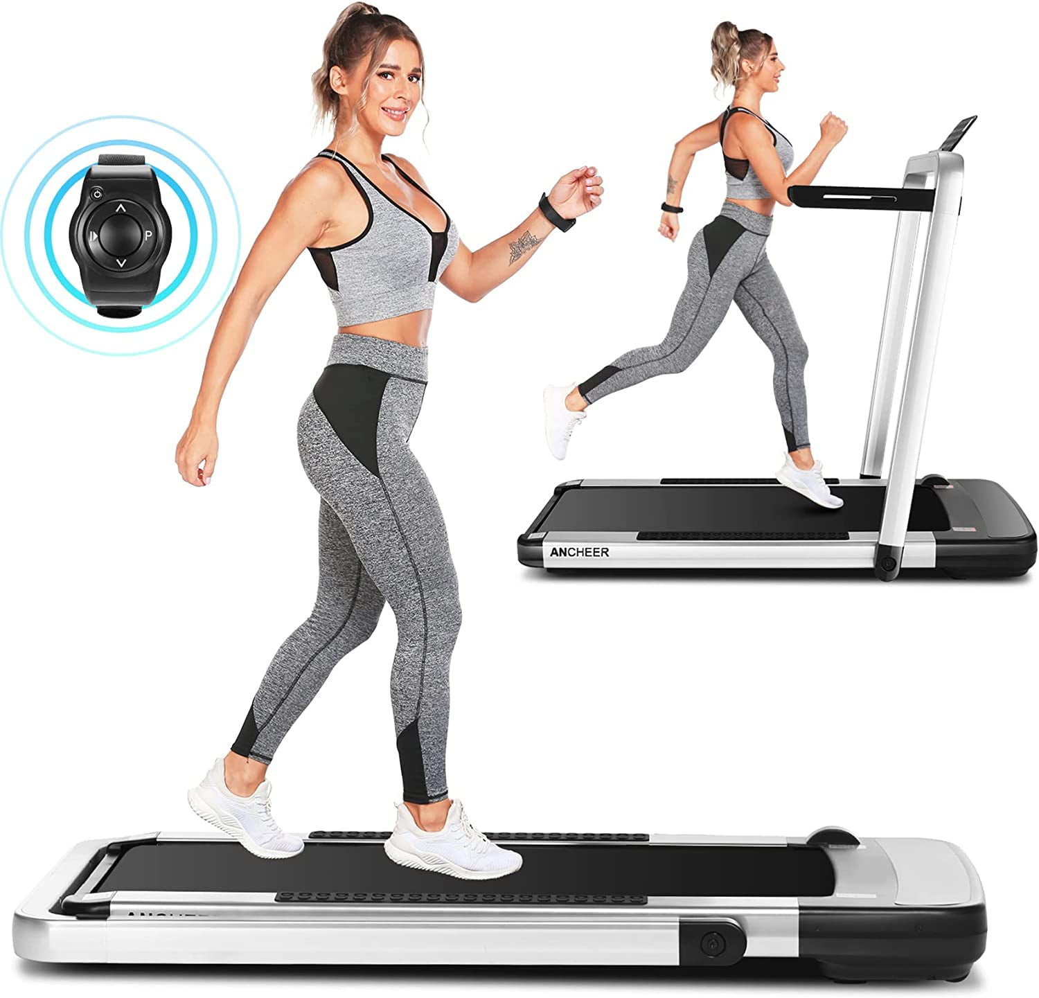 FUNMILY 2 in 1 Folding Treadmill Portable Under Desk Treadmill 265lbs Capacity Silver Installation-Free Electric Running Walking Machine for Home Office Workout 