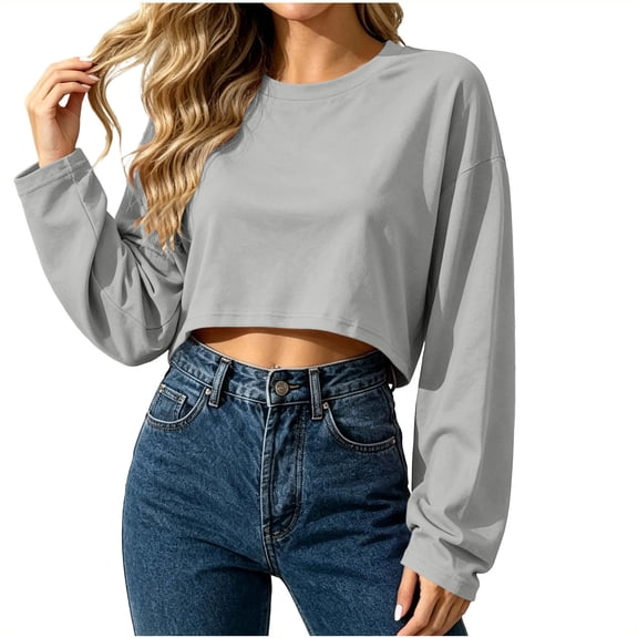 Enjoytime Sweatshirt for Women Casual Trendy Solid Long Sleeve Crop Top Fall Fashion Comfy Crew Neck Sweatshirts