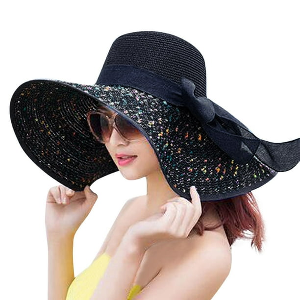 EQWLJWE Sun Hat Womens Colorful Big Brim Straw Bow Hat Sun Floppy Wide Brim Hat  Beach Cap Solid Leisure Fashion Style Vintage Sun hat 