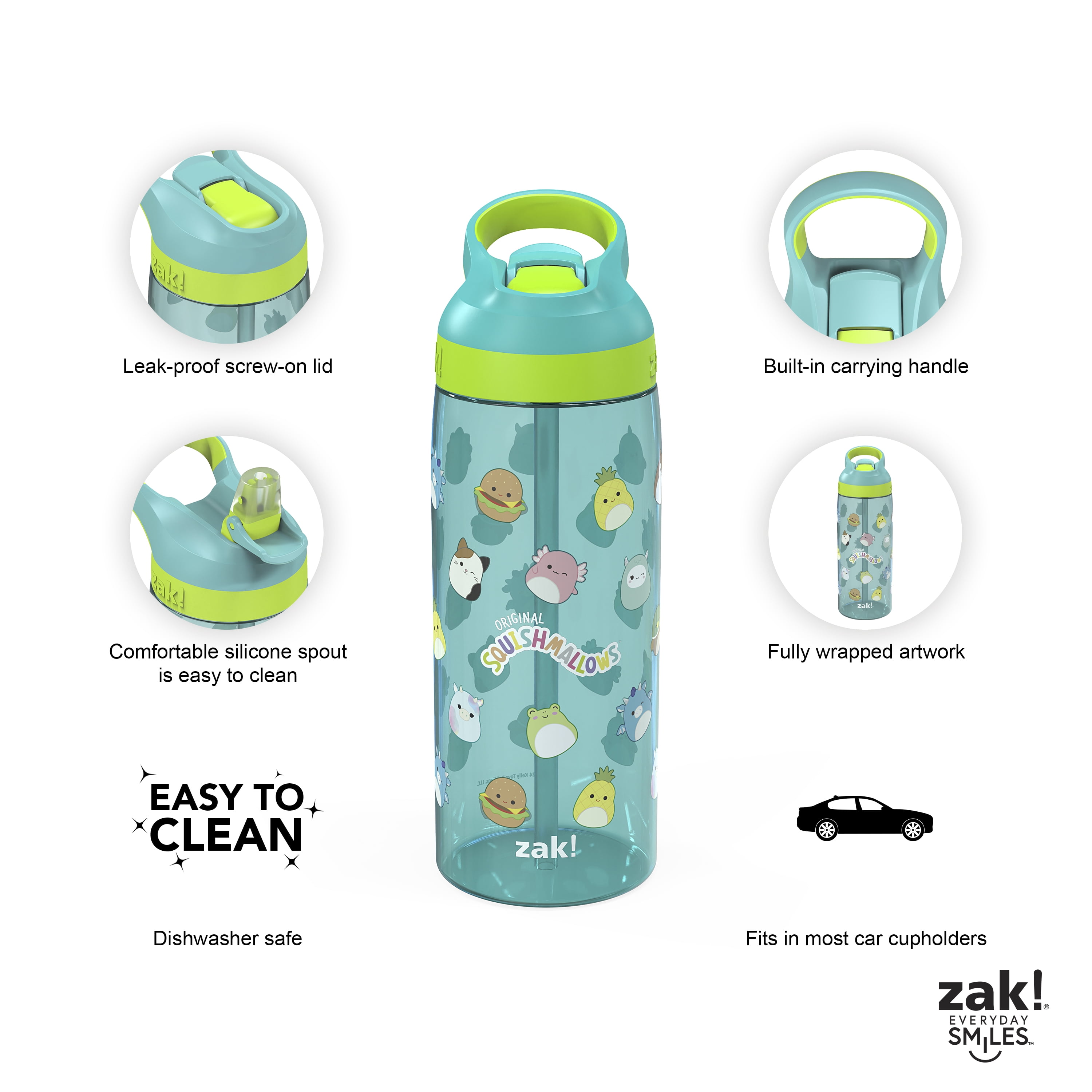 Zak Designs 25oz Squishmallows Kids Straw Water Bottle, Durable Plastic Park Bottle with Easy-Open Locking Spout Cover for Travel, Built-In Carry Handle, Teal