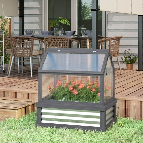 Outsunny Raised Garden Bed with Polycarbonate Greenhouse, Wooden Cold Frame Greenhouse, Garden Flower Planter Protection, 35.5"x22.5"x38.25", Gray
