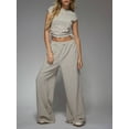 thumbnail image 5 of Women 2 Piece Sets Summer Striped Outfits Matching Short Sleeves Top Wide Leg Lounge Pants Travel Cream White L, 5 of 9