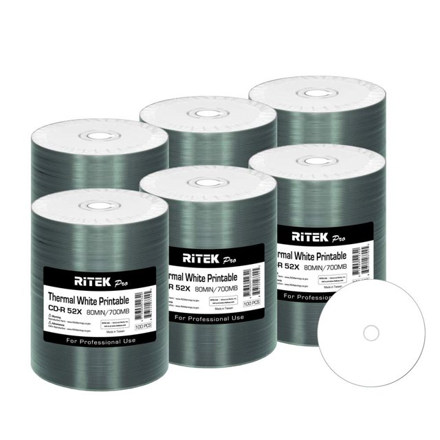 600 Pack Ritek Pro (Professional Grade) CD-R 52X 700MB White Thermal Hub Printable Blank Media Recordable Disc