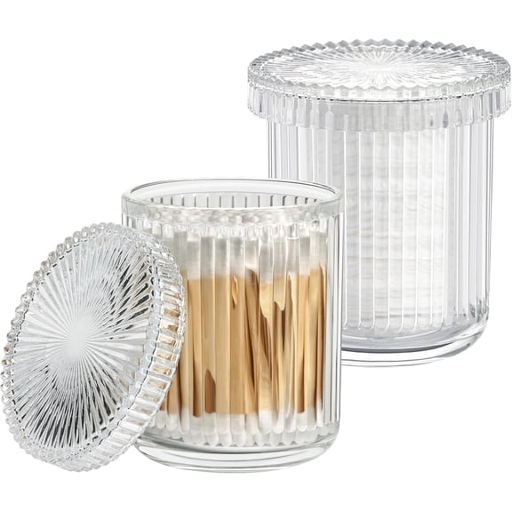 2 Pack Glass Qtip Holder with Lid, Bathroom Accessories and Countertop Storage Canisters, Clear
