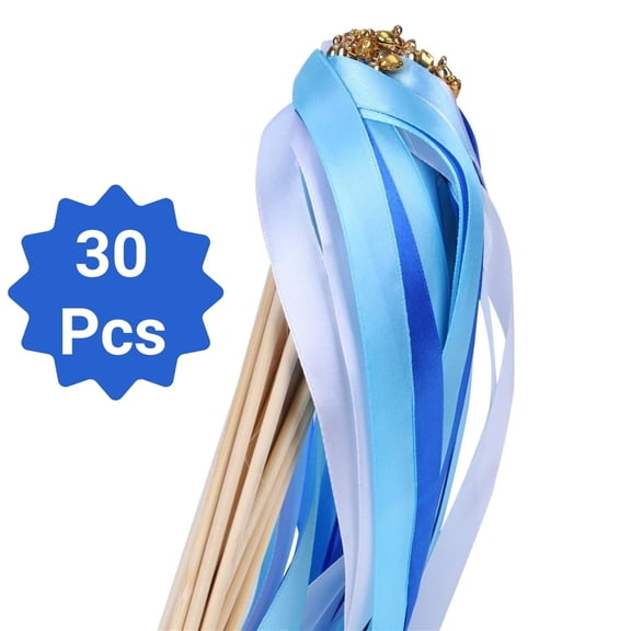 LQQBOX 30 Pcs Ribbon Wedding Wands Sticks Wedding Party Favors Streamers with Gold Bells Fairy Wand for Party Activities Holiday Celebration (Blue)