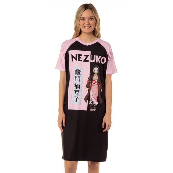 Demon Slayer Women's Nezuko Kamado Anime Character Pajama Sleep Shirt Raglan Nightgown