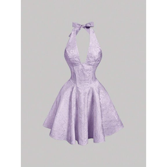 Purple Halter Neck Bow Tie Mini Dress With Floral Embossed Fabric