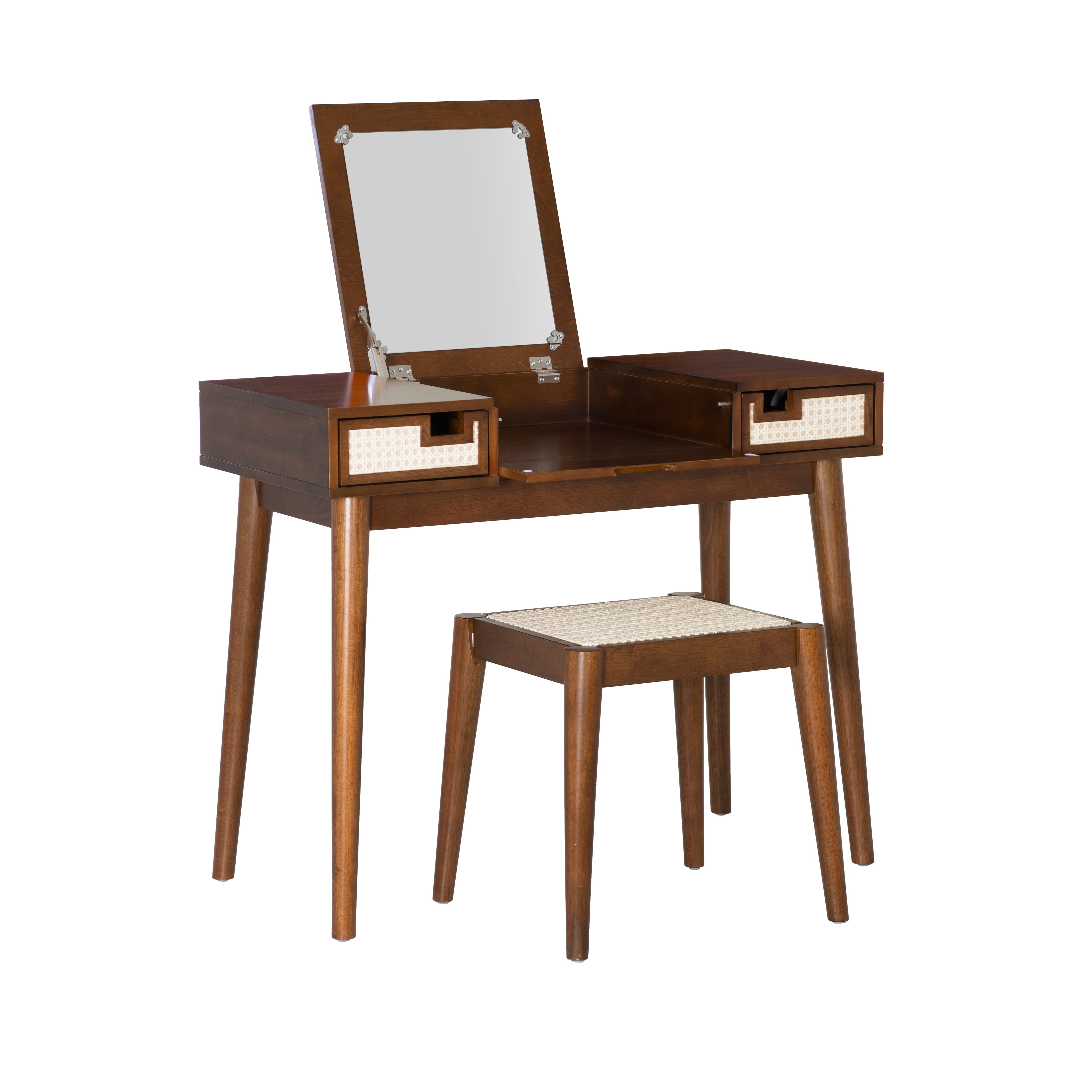 Linon Cassidie 2-Piece Cane Front Vanity Set with Mirror and Stool, Walnut