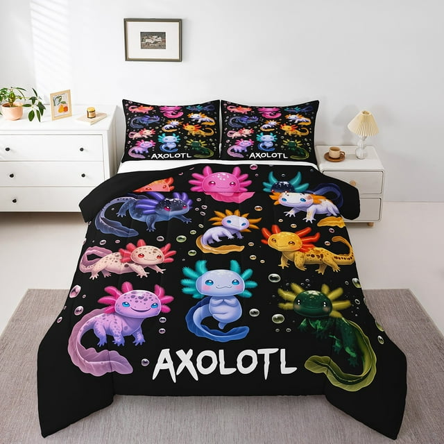 Axolotl Queen Comforter Set Cartoon Wildlife Bedding Set For Boys Girls,Bubble Ocean Animal Kids Down Comforter,Colorful Rainbow Wild Animal Bed Set Room Decor