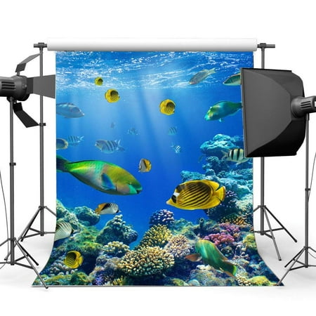 Image of ABPHOTO Polyester 5x7ft Underwater World Backdrop Aquarium Fancy Coral Colorful Fish Blue Sea Sunshine Lights Summer Sea Journey Ocean Sailing Photography Background Boys Girls Photo Studio Props