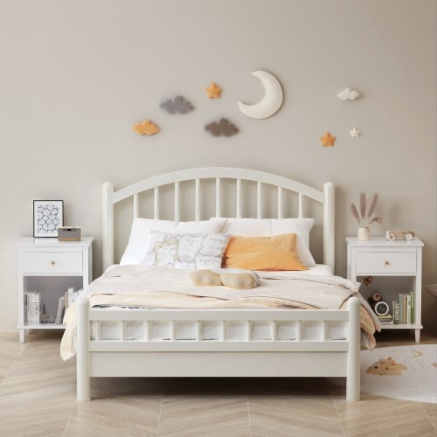 26.77" Wooden Nightstand with Drawer and Open Shelf, Modern Bedside Table for Kids & Adults, MDF End Table with Silver Handle, White