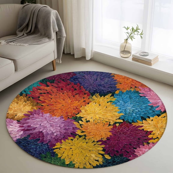 Round Rug 4Ft Washable Non-Slip, Colorful Dahlia Circle Area Rugs for Living Room Bedroom, Spring Flowers Modern Oil Paintings Art Indoor Floor Mats Carpet Runner for Home Decor Aesthetic