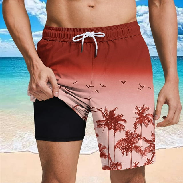 Sentmoon Mens Swim Trunks with Compression Liner Elastic Waist Straight 2025 Summer Gym Shorts Drawstring Palm Tree Print Breathable Pajama Shorts Side Pockets Comfy for Leisure Wear Red S