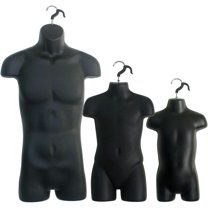 3 Black Mannequin Forms - Male Child & Toddler Torso Set & Hanging Hook, S-M Sizes