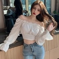 thumbnail image 6 of Women's Solid Slash Neck Sexy Bandage Navel Exposed Long Sleeve Shirt Blouses, 6 of 6