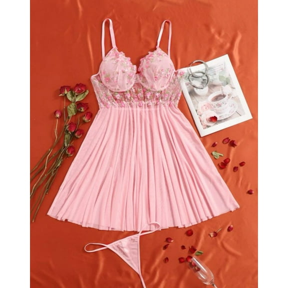 Plus Size Lingerie Pink Embroidered Set