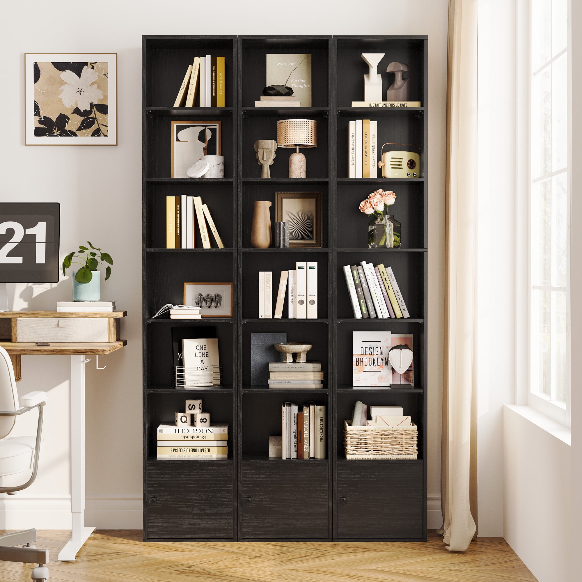 IRONCK 74.8" Tall Narrow Bookcase, 6 Tiers Open Adjustable Shelf and 1 Storage Cabinet for Home Office, Black