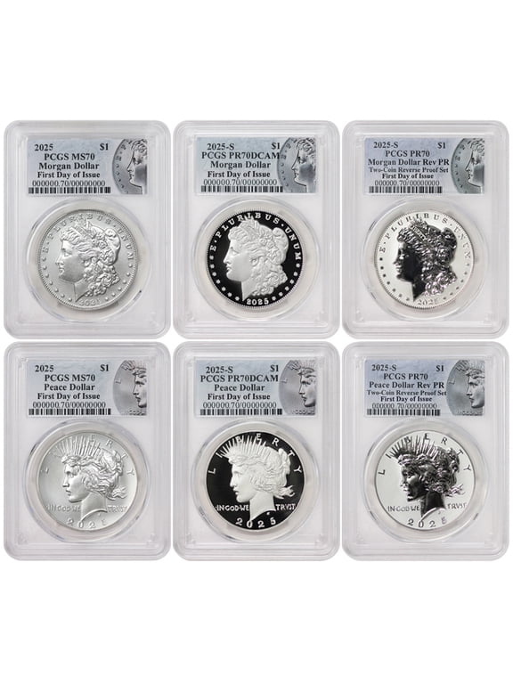 Set of 6 2025 $1 Silver Morgan & Peace PCGS MS70, PR70 Deep Cameo, Rev PR70 First Day of Issue with Original Government Packaging U.S. Mint Coin