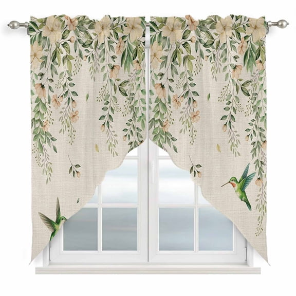 Swag Valance Curtains for Windows, Watercolor Floral Light Filtering Kitchen Curtains, Spring Flowers Birds Plants Country Beige Window Treatment Valances for Living Room, 28x36 - 2 PCS