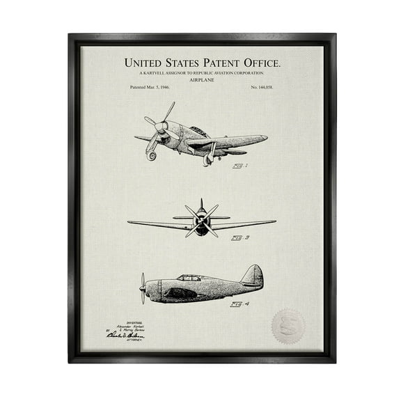 Stupell Industries US Patent Airplane Diagram Graphic Art Jet Black Floating Framed Canvas Print Wall Art, Design by Karl Hronek