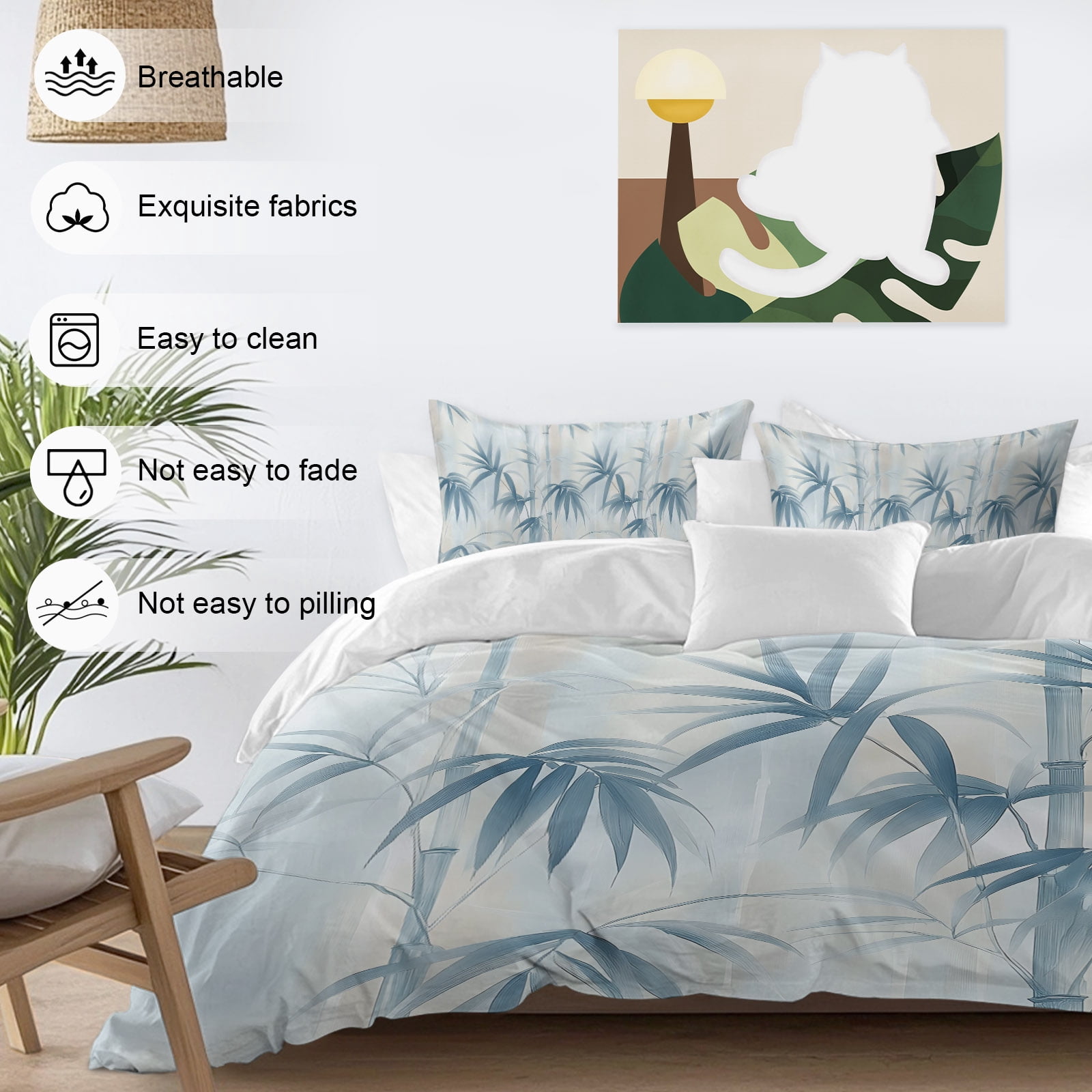 Bamboos Leaf Queen Duvet Cover Set, Blue Leaves Watercolor Modernism 4 Piece Microfiber Bedding Set with Zipper Closure, Bed Sheet and 2 Pillow Shams, Soft Bedding Cover