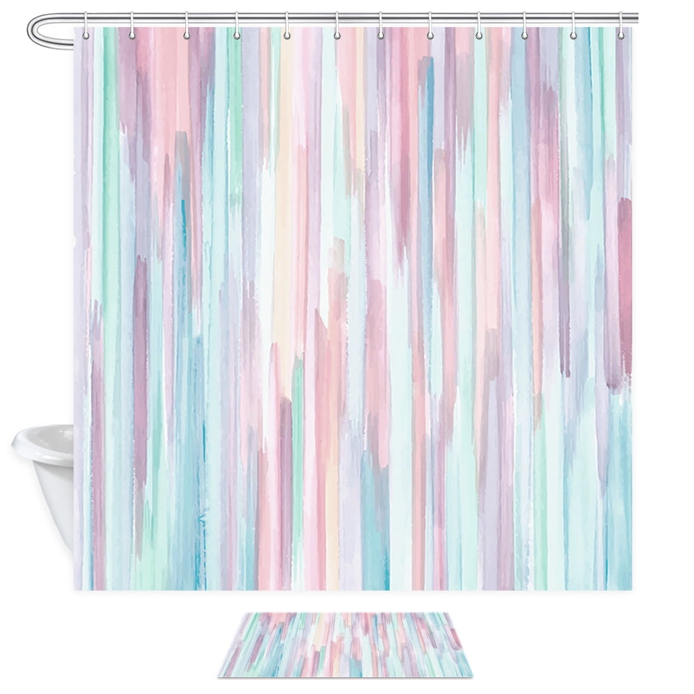 4 Pcs Shower Curtain Set, Blue and Grey Abstract Art Shower Curtain with Non-Slip Rugs, Toilet Lid Cover and Bath Mat, Bathroom Sets Decorations 72" x 72", Pink