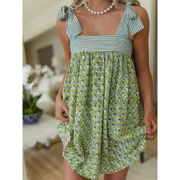 Green Floral Mini Tie Shoulder Sleeveless Square Neck Knot Cami Flowy Boho Vacation Beach Sundress