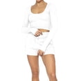 thumbnail image 2 of Idoravan Women Sets Clothing Womens Waffle Solid U-neck Long Sleeve Short European and American Fashion Casual Shorts Set, 2 of 9