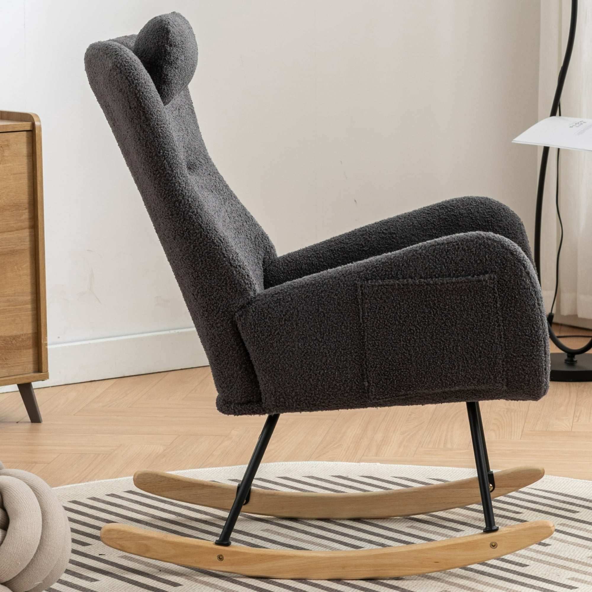 Leumius Nursery Rocking Chair, 35.5" Teddy Fabric Upholstered Glider Rocker with High Backrest, Modern Rocking Accent Chairs Comfy Side Chair for Nursery, Bedroom, Living Room,Dark Gray