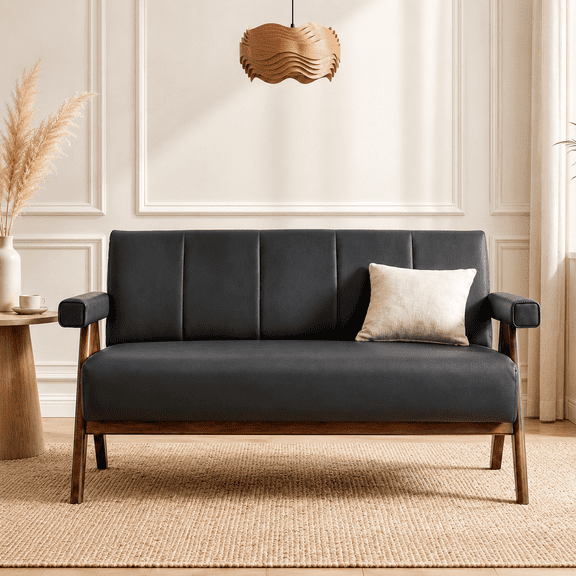 LAZZO 50" Loveseat Sofa, Faux Leather Upholstered Couch with Wooden Armrests for Small Spaces, Black