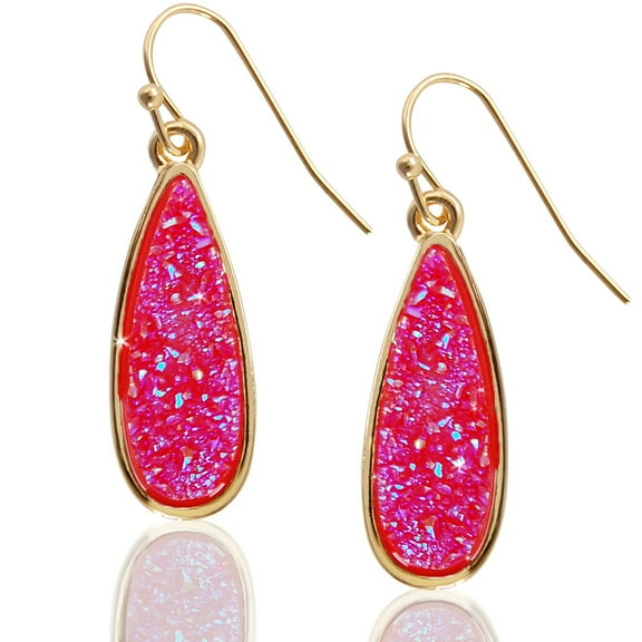 Humble Chic Hot Pink Druzy Drop Dangles - Sparkly Long Teardrop Dangly Earrings for Women